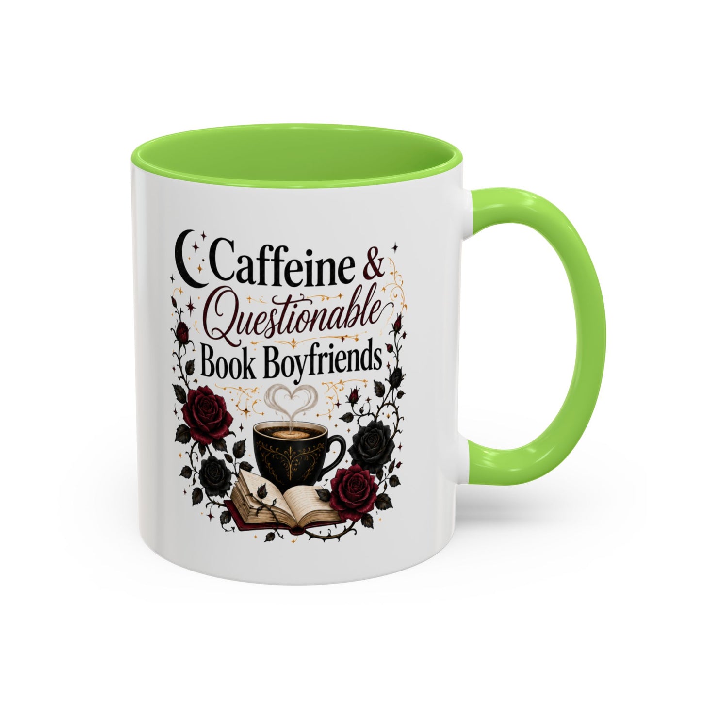 Caffeine & Questionable Book Boyfriends Coffee Mug — 11oz/15oz Novelty Booklover Gift