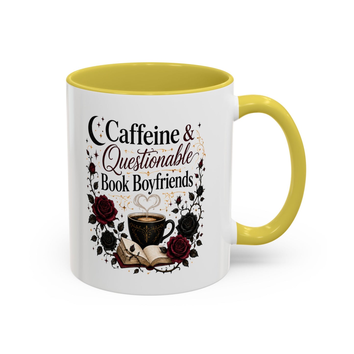 Caffeine & Questionable Book Boyfriends Coffee Mug — 11oz/15oz Novelty Booklover Gift