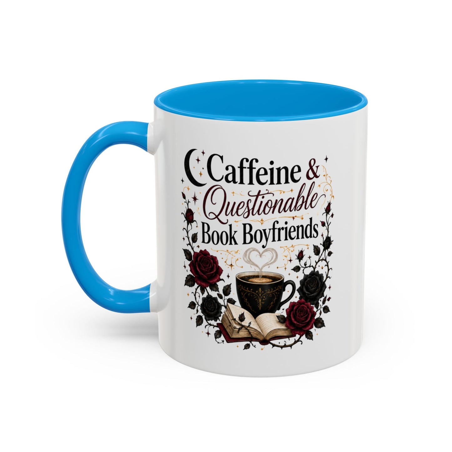 Caffeine & Questionable Book Boyfriends Coffee Mug — 11oz/15oz Novelty Booklover Gift