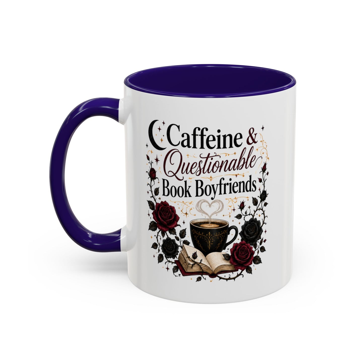 Caffeine & Questionable Book Boyfriends Coffee Mug — 11oz/15oz Novelty Booklover Gift