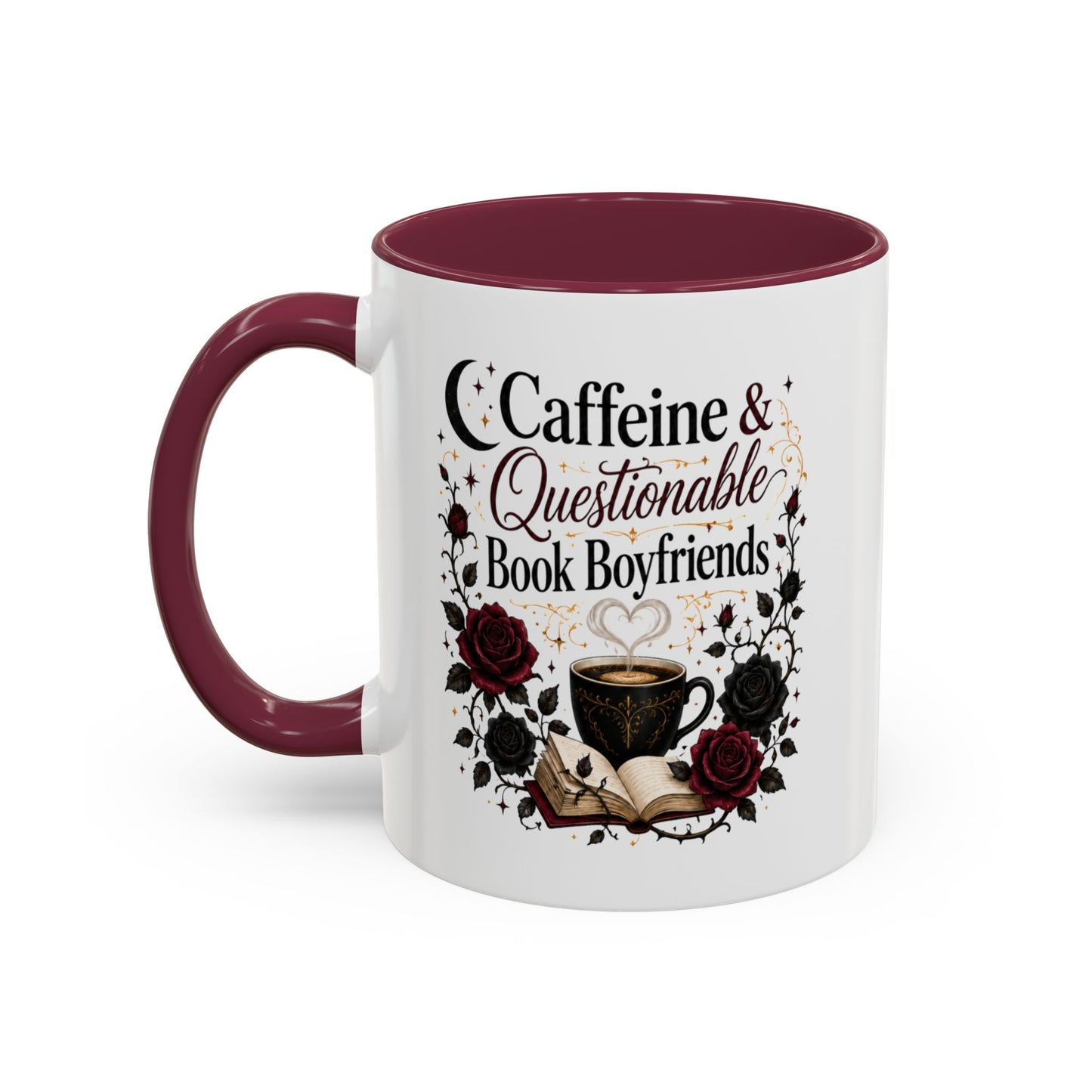 Caffeine & Questionable Book Boyfriends Coffee Mug — 11oz/15oz Novelty Booklover Gift