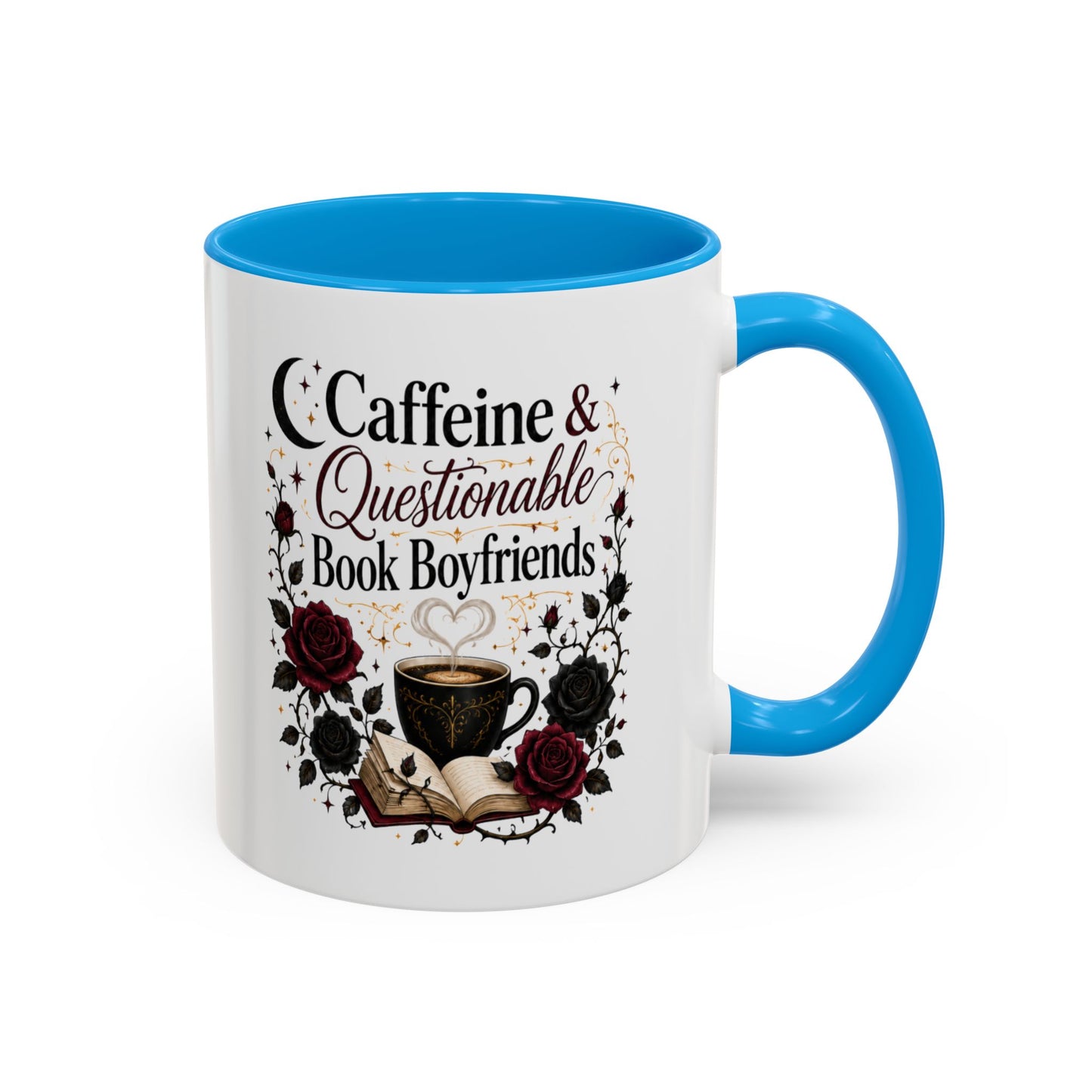 Caffeine & Questionable Book Boyfriends Coffee Mug — 11oz/15oz Novelty Booklover Gift