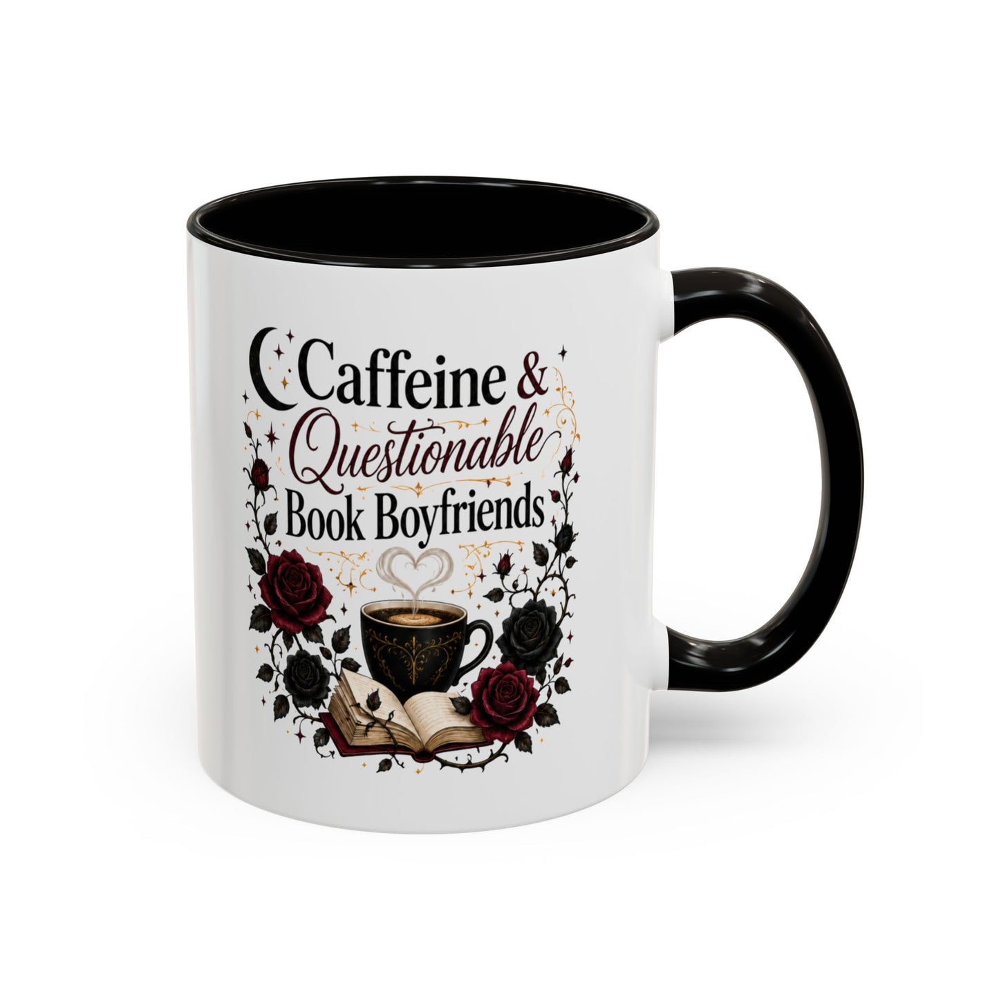 Caffeine & Questionable Book Boyfriends Coffee Mug — 11oz/15oz Novelty Booklover Gift