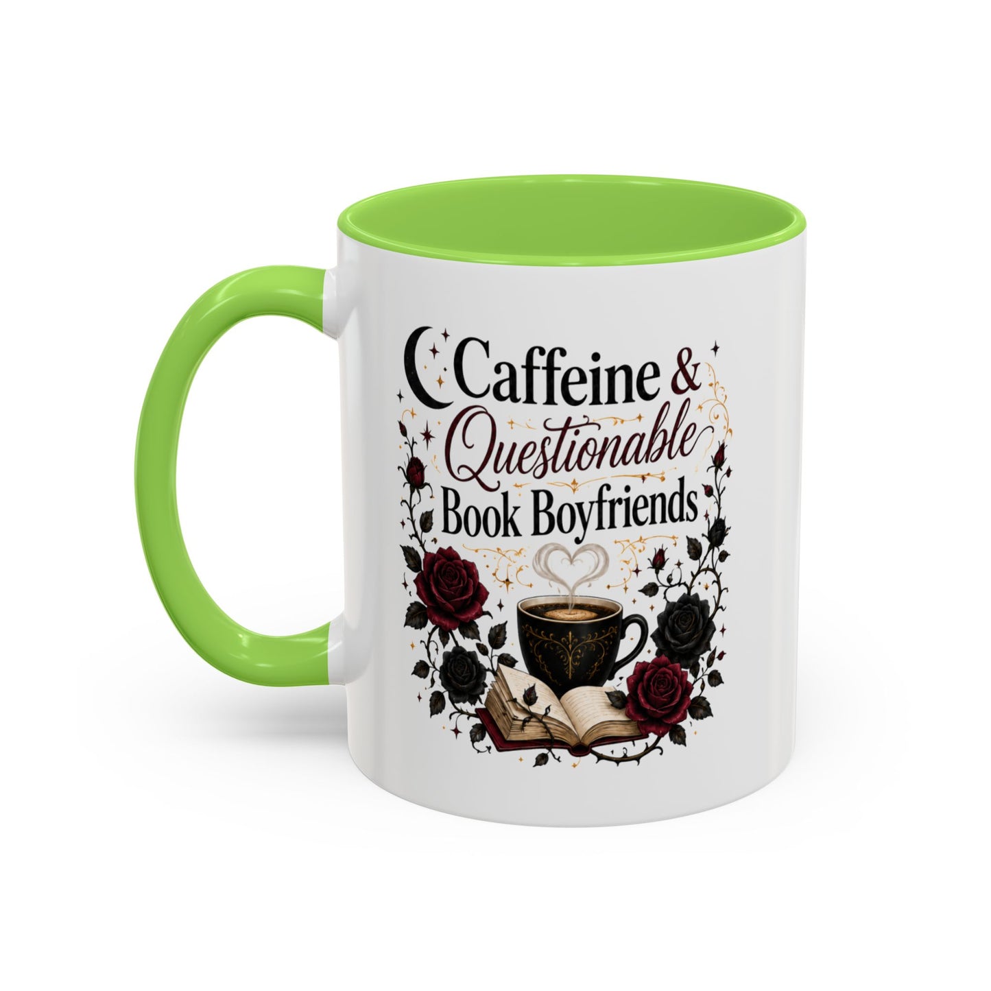 Caffeine & Questionable Book Boyfriends Coffee Mug — 11oz/15oz Novelty Booklover Gift
