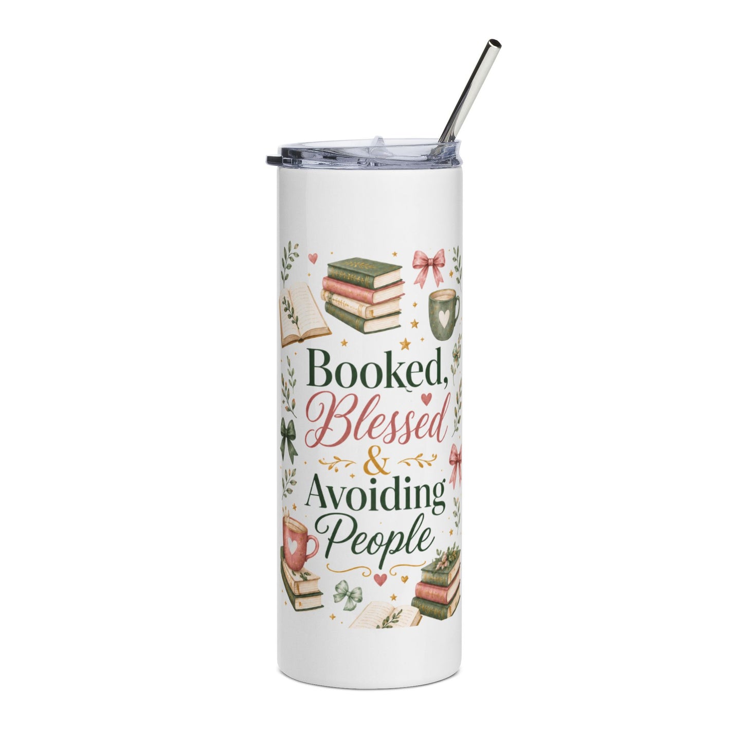 20oz Book Lover Tumbler — "Booked, Blessed & Avoiding People" Stainless Steel Travel Cup