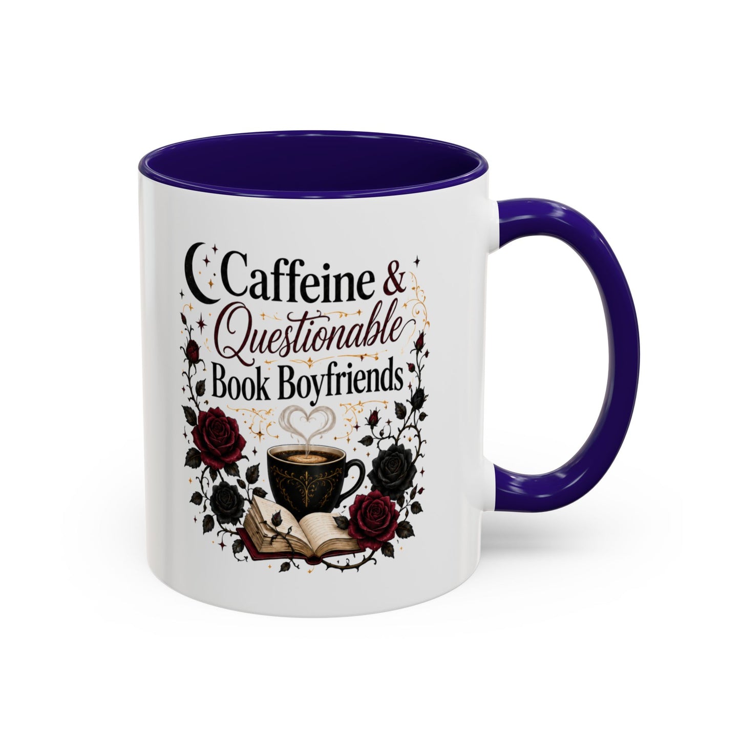 Caffeine & Questionable Book Boyfriends Coffee Mug — 11oz/15oz Novelty Booklover Gift