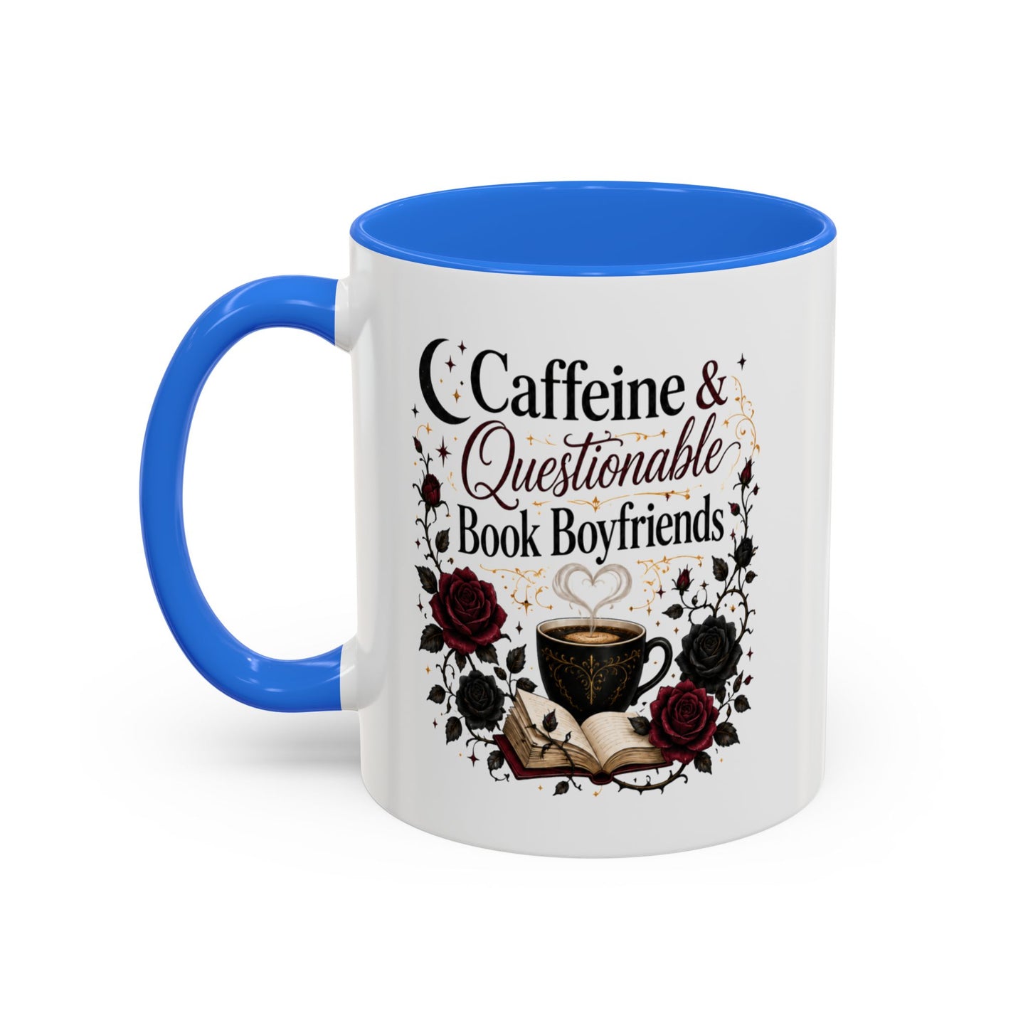 Caffeine & Questionable Book Boyfriends Coffee Mug — 11oz/15oz Novelty Booklover Gift