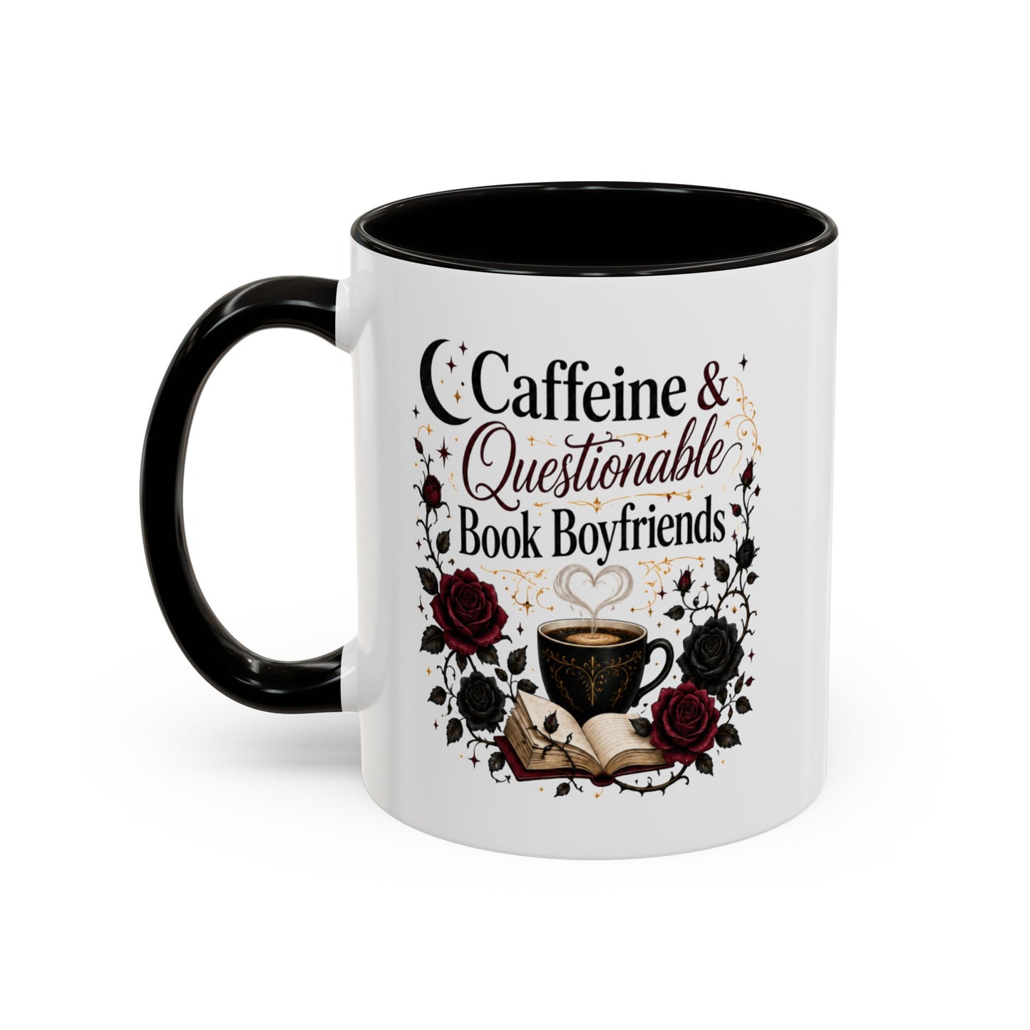 Caffeine & Questionable Book Boyfriends Coffee Mug — 11oz/15oz Novelty Booklover Gift