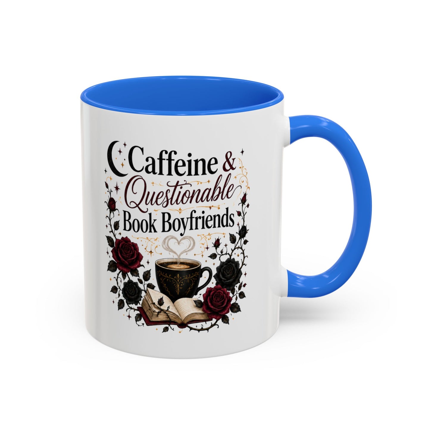 Caffeine & Questionable Book Boyfriends Coffee Mug — 11oz/15oz Novelty Booklover Gift