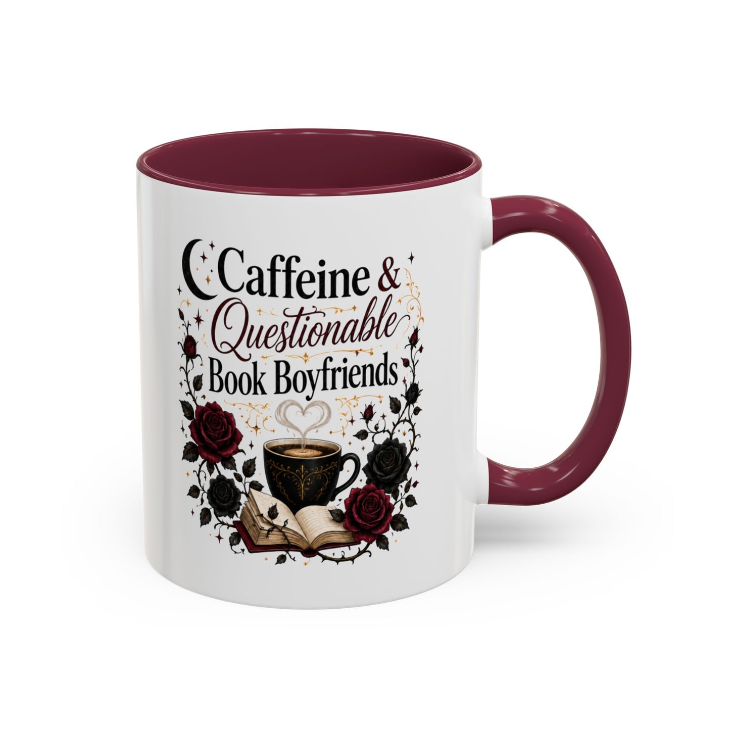 Caffeine & Questionable Book Boyfriends Coffee Mug — 11oz/15oz Novelty Booklover Gift
