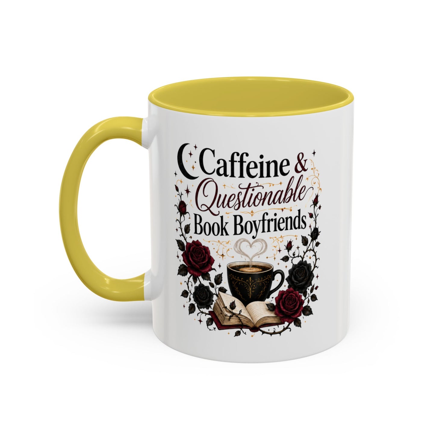 Caffeine & Questionable Book Boyfriends Coffee Mug — 11oz/15oz Novelty Booklover Gift