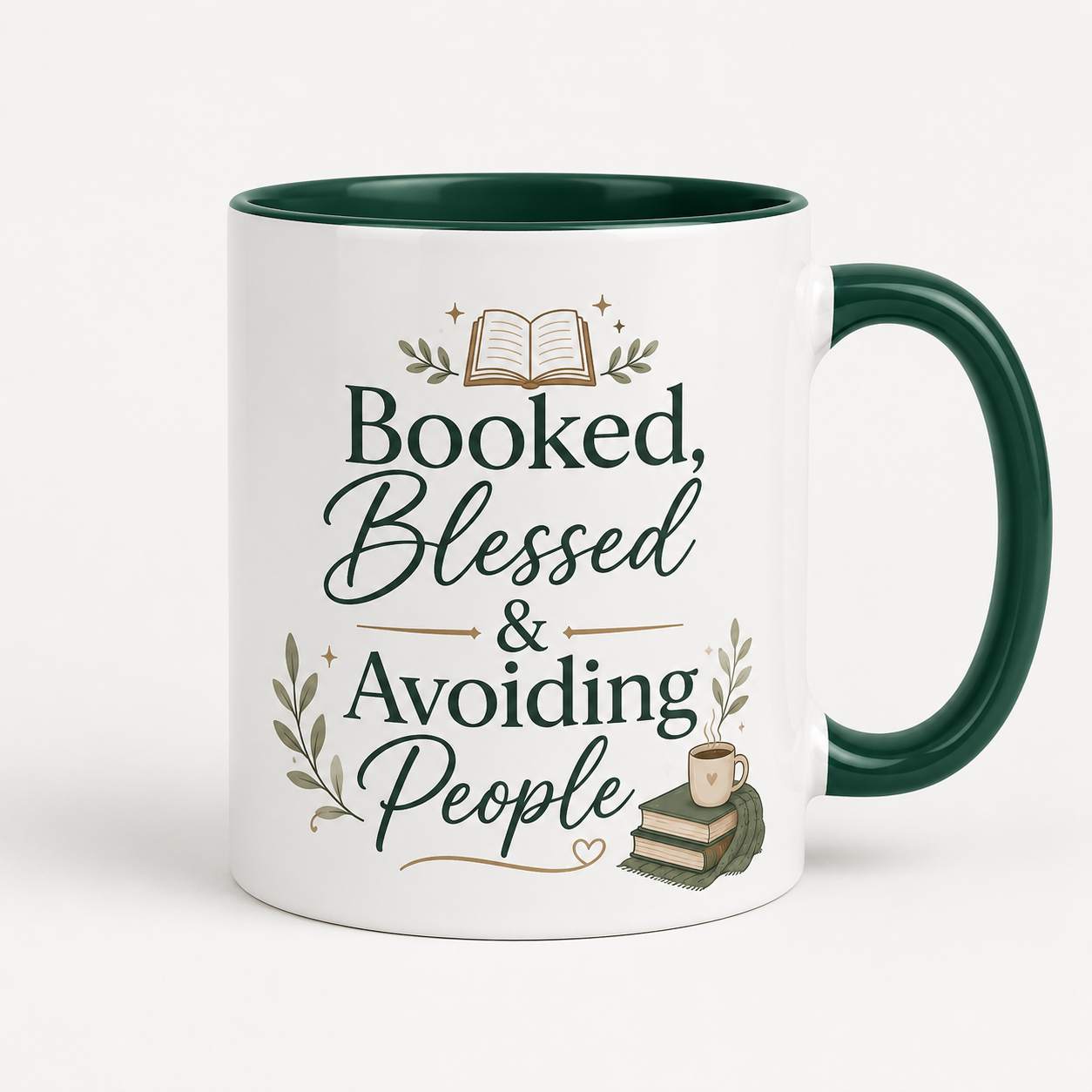 Booked, Blessed & Avoiding People Mug — Book Lover Coffee Cup (11oz/15oz)