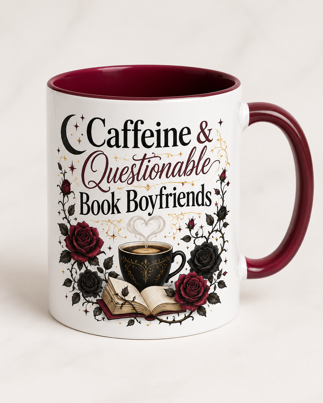 Caffeine & Questionable Book Boyfriends Coffee Mug — 11oz/15oz Novelty Booklover Gift