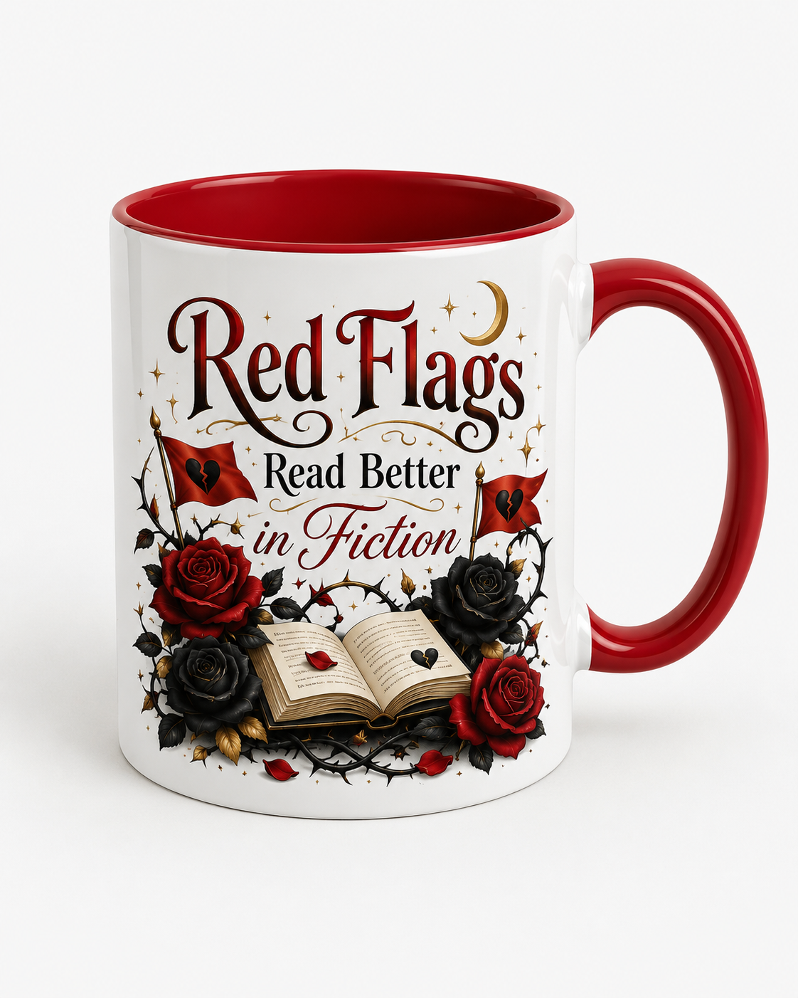 Book Lover Mug — "Red Flags Read Better in Fiction" Ceramic Coffee Cup (11oz/15oz)
