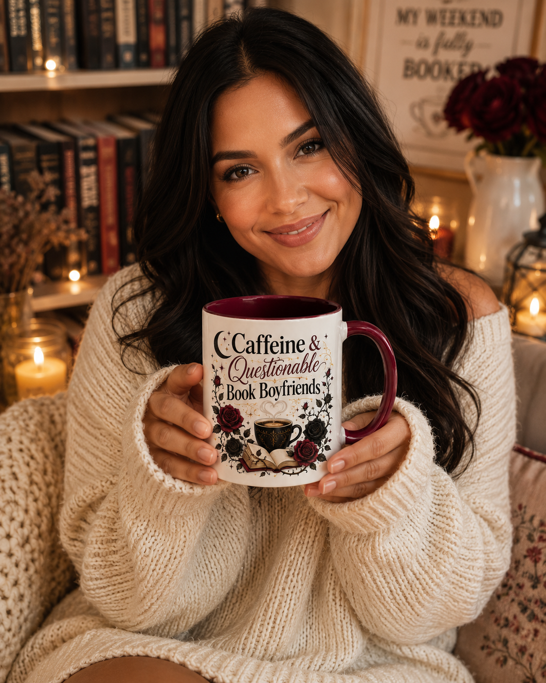 Caffeine & Questionable Book Boyfriends Coffee Mug — 11oz/15oz Novelty Booklover Gift