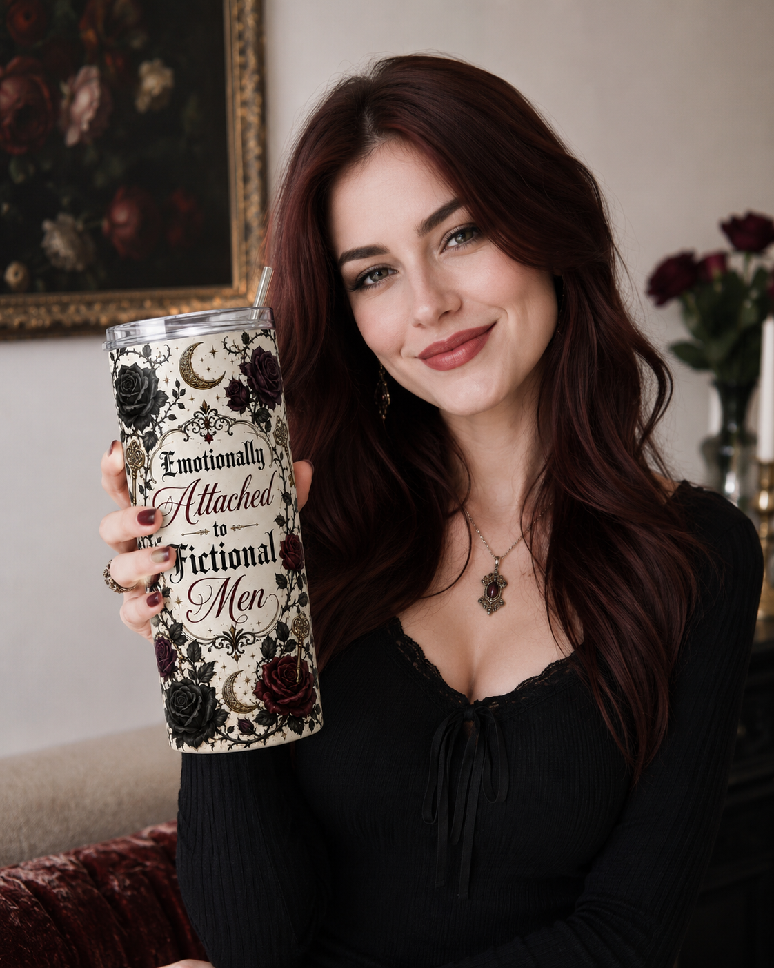 20oz Stainless Tumbler — "Emotionally Attached to Fictional Men" Floral Gothic Drinkware