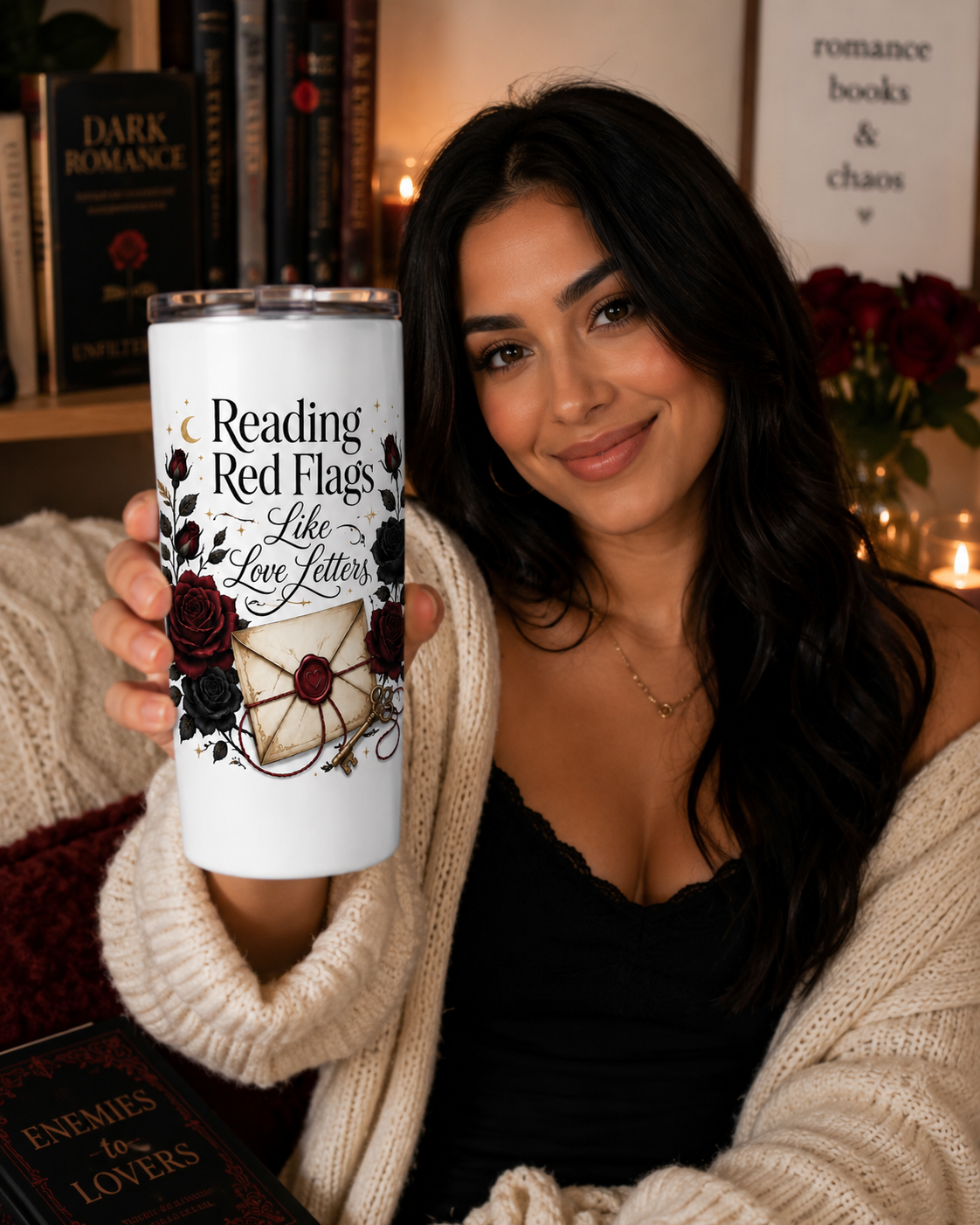 20oz Tumbler — "Reading Red Flags Like Love Letters" Floral Gothic Insulated Cup